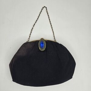 Vtg Trinity Plate Gold Frame Evening Bag Navy Blue Woven Fabric Jeweled Clasp